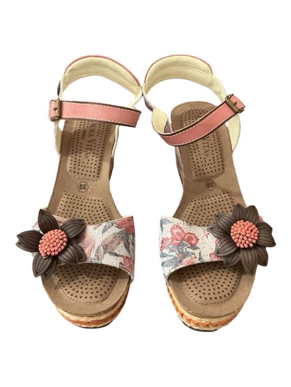 New Laura Vita France Floral Brown Pink Ankle-Strap Wedge Sandals Sz 39 - Picture 3 of 8